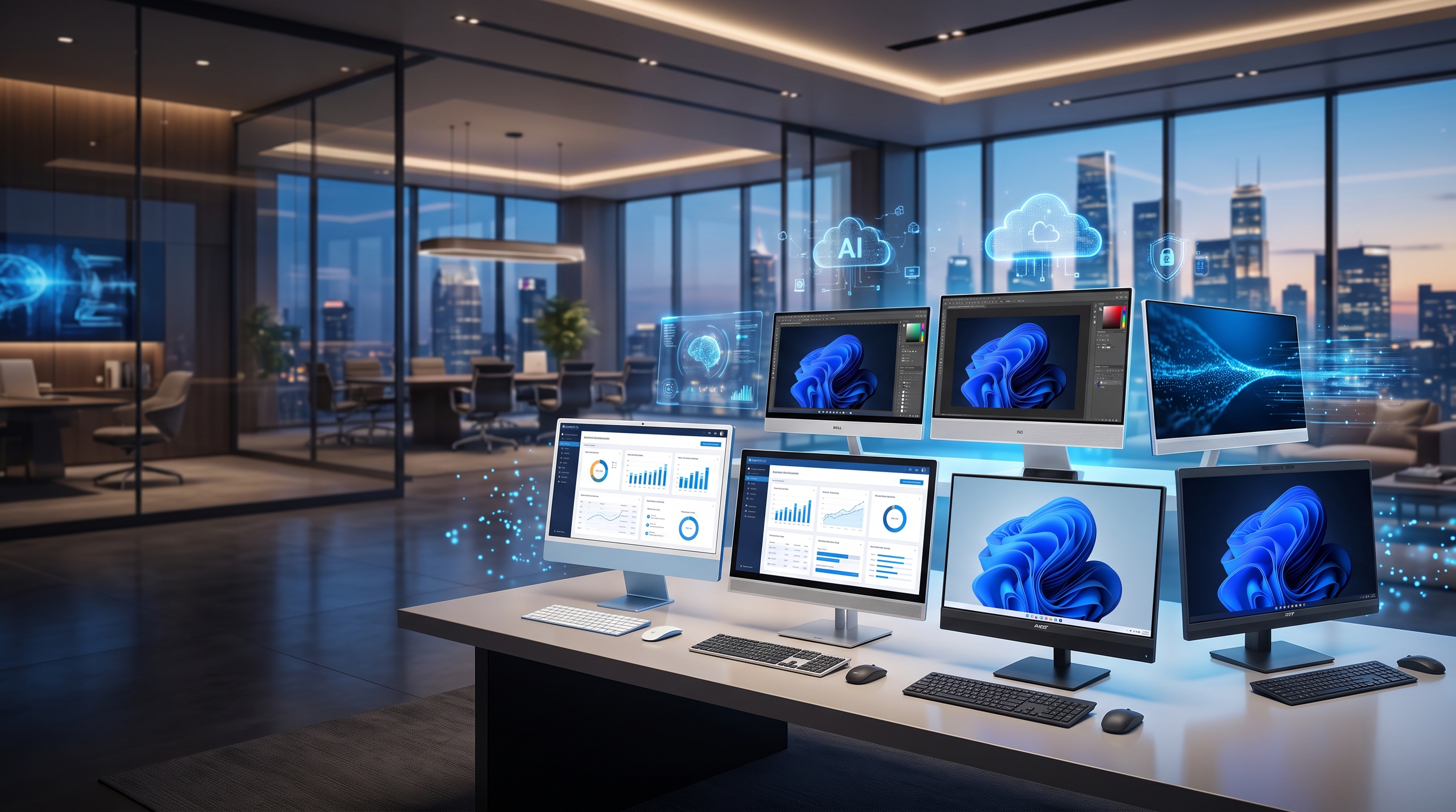 Lineup of premium HP, Dell, Lenovo and ASUS All-in-One PCs on a desk in a modern enterprise office with a city skyline view