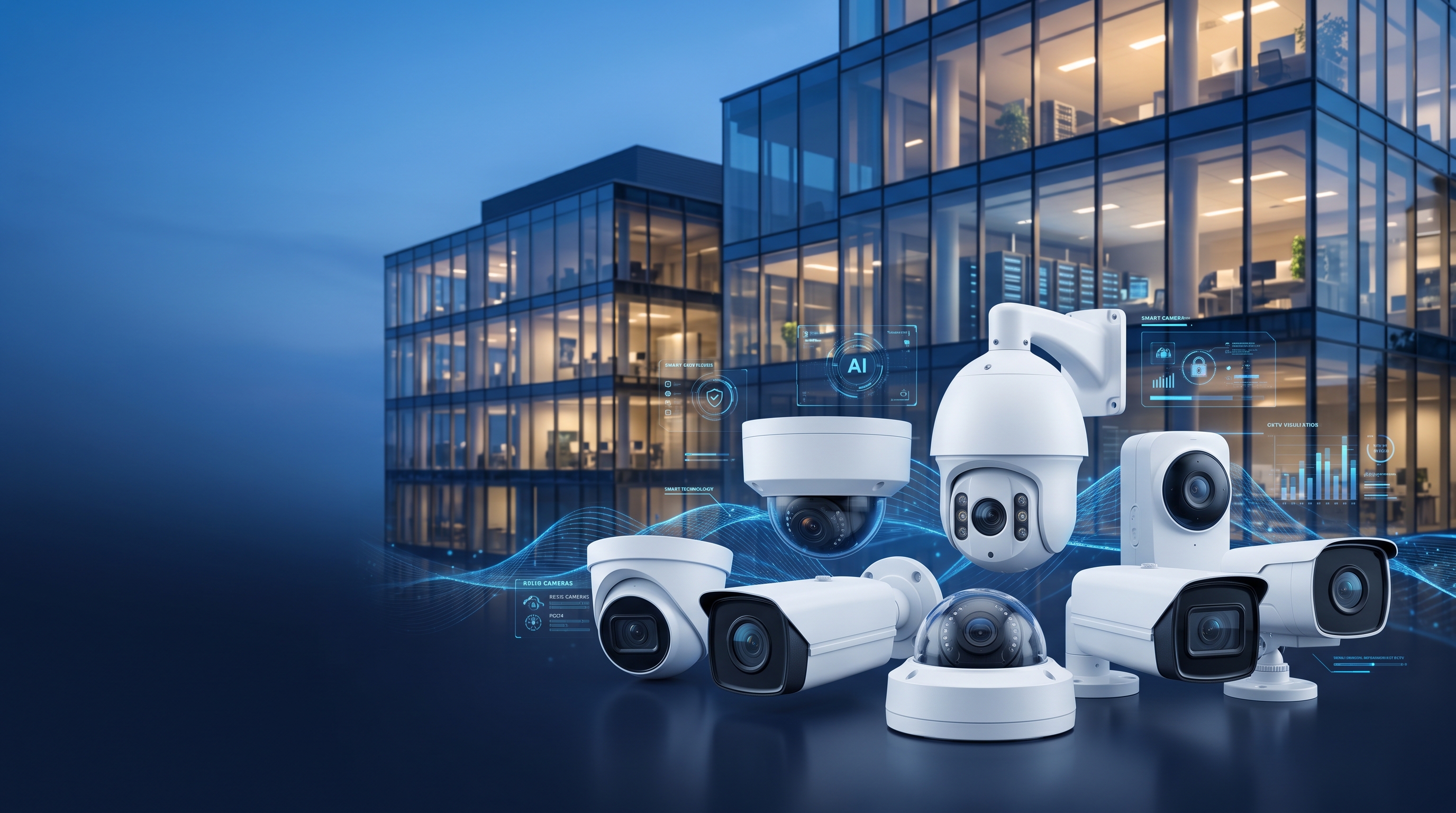Enterprise CCTV and AI surveillance camera lineup in front of a modern glass office building at dusk