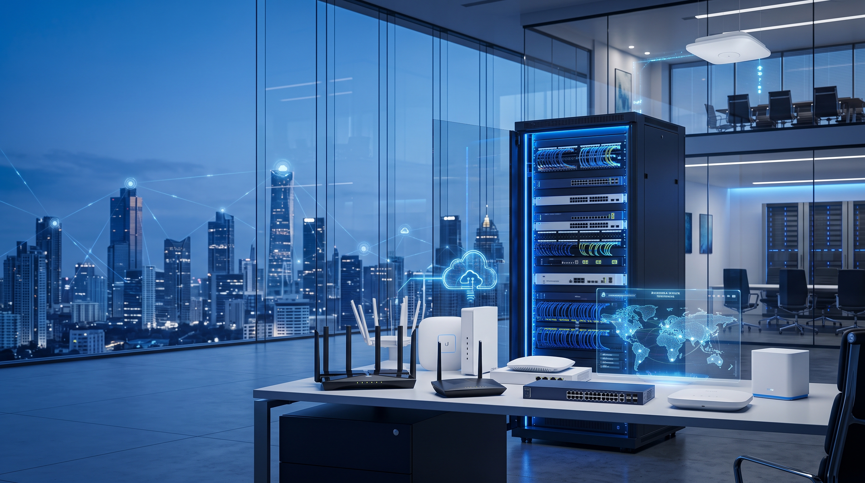 Enterprise networking equipment including routers, managed switches, access points and a server rack in a modern office with a city skyline view