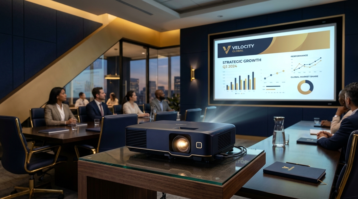 Multimedia projector projecting a bright image onto a screen in a corporate meeting room