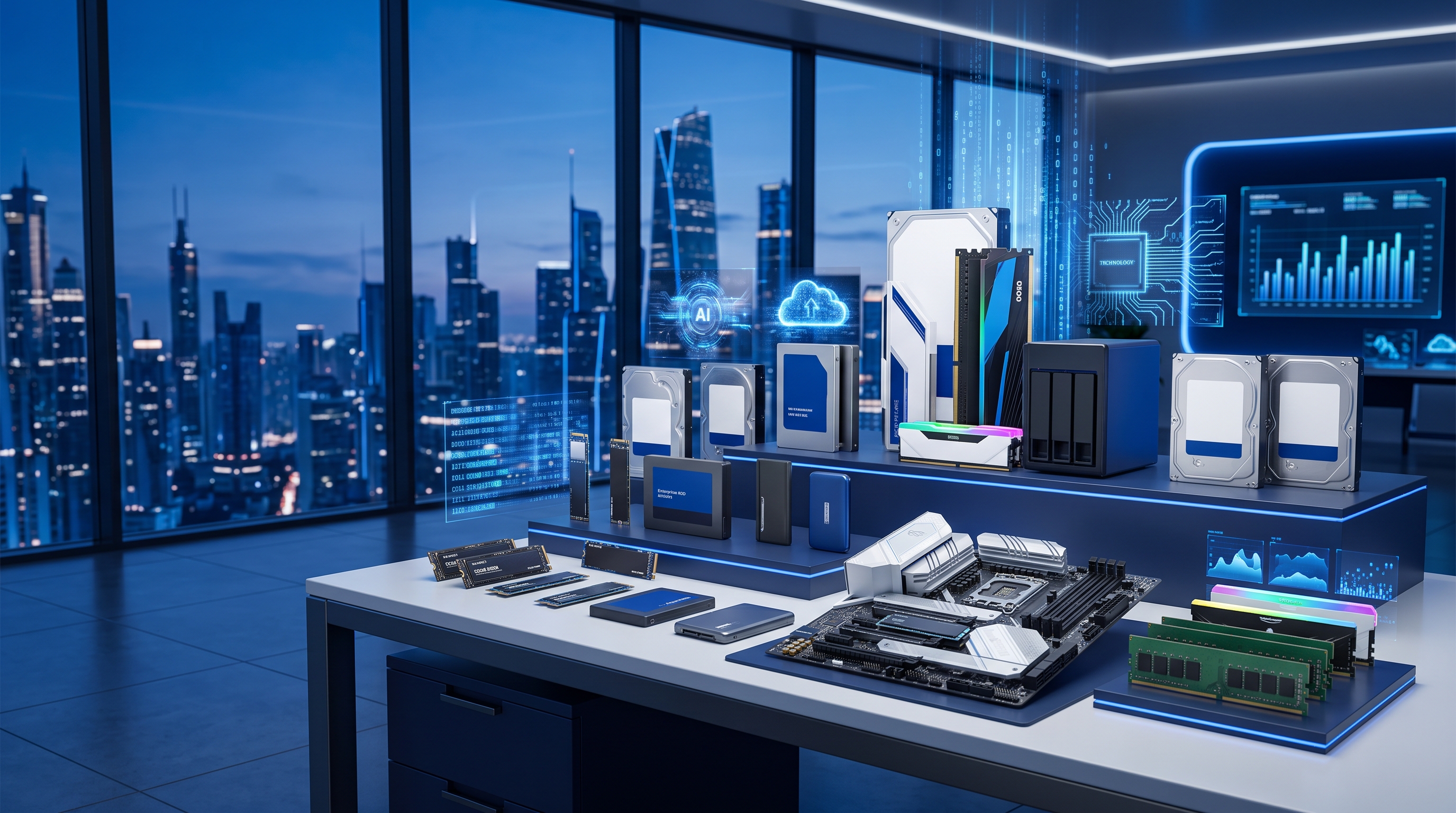 Genuine NVMe SSDs, SATA SSDs, hard drives, DDR4 and DDR5 RAM and a motherboard displayed in a modern tech showroom with a city skyline view