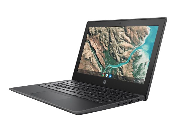 Side angle view of the HP Chromebook 11 G8 EE showing its USB-C, USB-A and headphone ports and slim durable design, from i.Link Pakistan