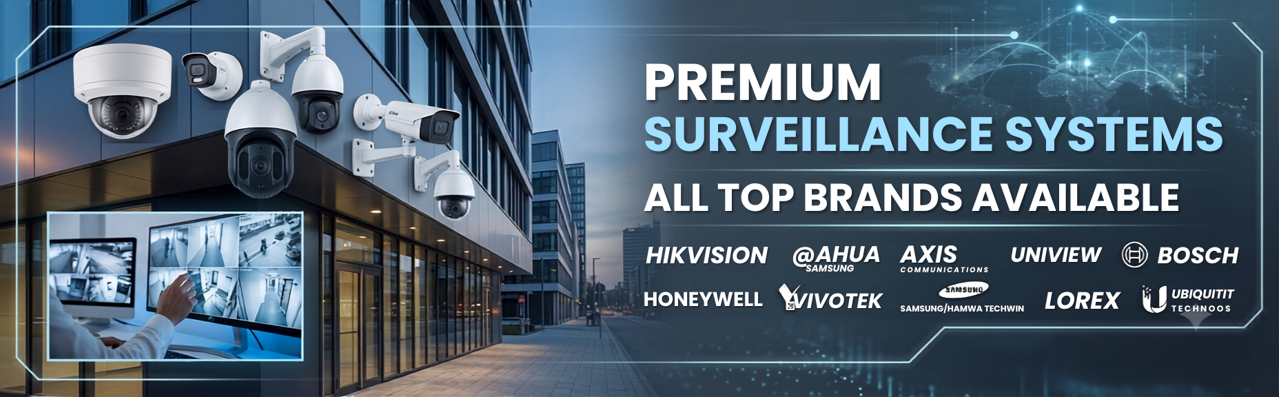 White CCTV dome and bullet security cameras mounted on a modern building corner with a monitoring station, surveillance systems from i.Link Pakistan